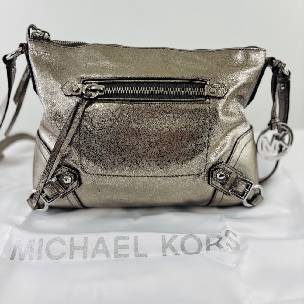 Michael Kors Pewter Gunmetal Metallic Leather Studded Satchel Shoulder Bag Purse